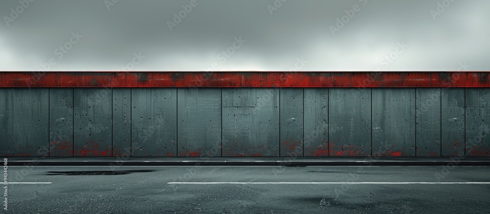 Fototapete a rugged concrete wall built with small square blocks topped by a vibrant red metal strip under a da