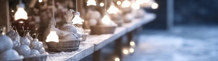 Cozy Christmas Market Textures, inviting wooden stalls adorned with festive goods, warm lights creating a nostalgic atmosphere, perfect for cheerful holiday backgrounds and designs