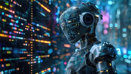 Fototapeta premium A futuristic robot surveying data center glowing server racks stretching endlessly stands in front of an array of digital screens displaying data and code, representing the next wave of AI technology.