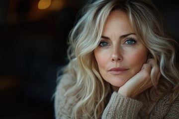 Middle-Aged Woman Deep in Thought, Hand on Chin, Reflecting on Life and Contemplating Decisions