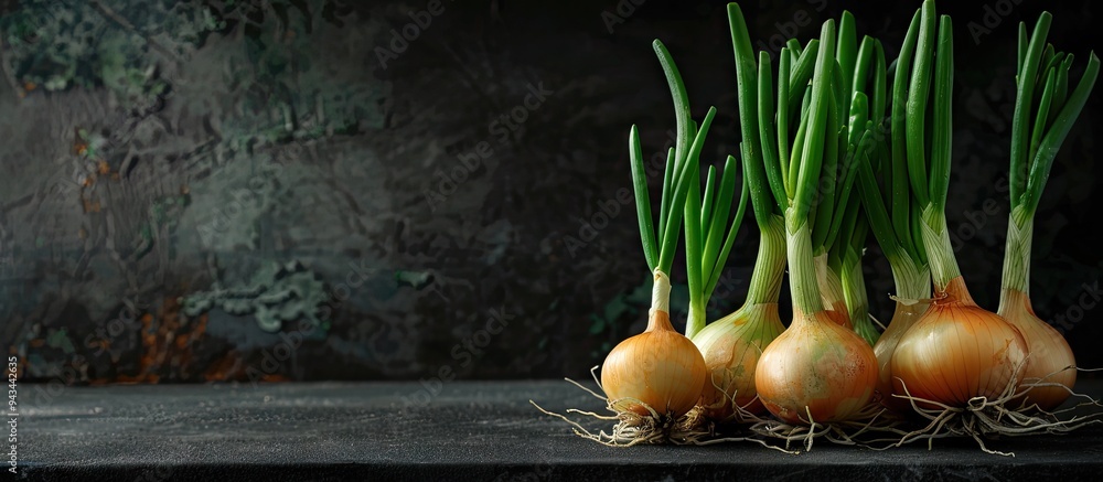 Poster Home grown sprouted onions displayed on a dark background with ample copy space image showcasing a raw and eco friendly food item