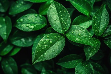Fototapeta premium A close-up shot of vibrant green leaves covered in water droplets after a refreshing rain, showcasing the beauty and purity of nature in its simplest form.