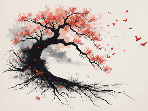 Sumi-e styled illustration of an isolated tree.