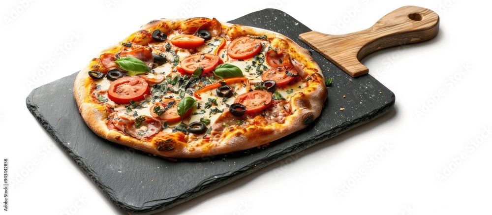 Poster slate stone pizza cutting board on a white background with copy space image