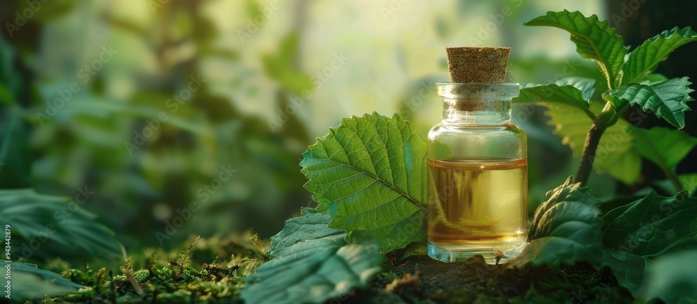 Poster essence of patchouli and leaf in a copy space image