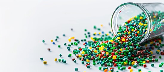 Obraz premium Colorful pine green masterbatch granules spilled from a shot glass onto a white backdrop creating a vibrant copy space image for the plastics industry