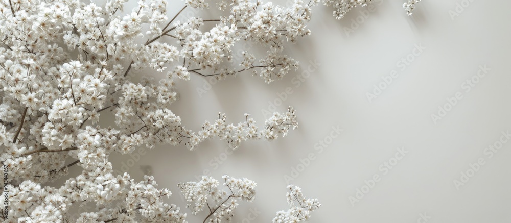 Poster blooming trees delicate white flowers against a white wall create a serene copy space image for text
