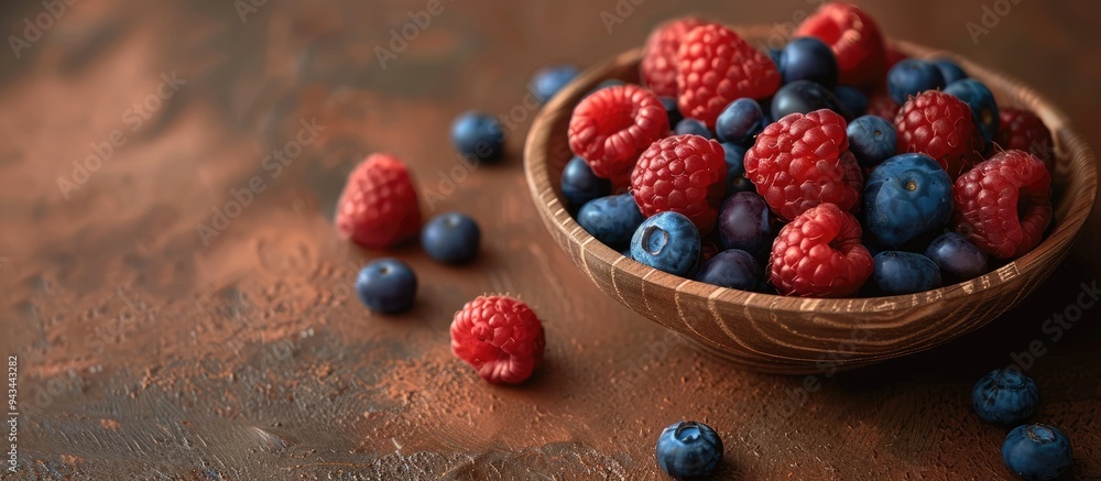 Poster a variety of vibrant berries including raspberries and blueberries arranged in a wooden saucer place