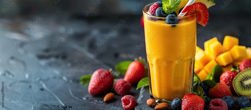 Aufkleber glass with a fruit nut smoothie on stone background ideal for text placement copy space image