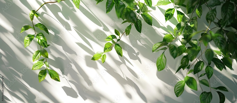 Poster sunlight filtering through tree leaves creates a play of light and shadows on a white wall ideal for
