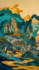 Fototapeta premium Golden green mountain pavilions illustration poster background