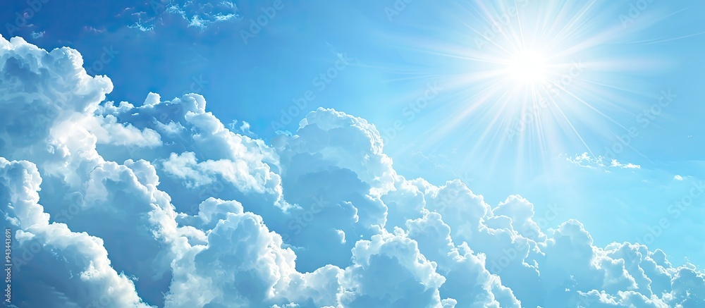 Poster panoramic clear blue sky with fluffy white clouds on a sunny day ideal for a web banner with copy sp