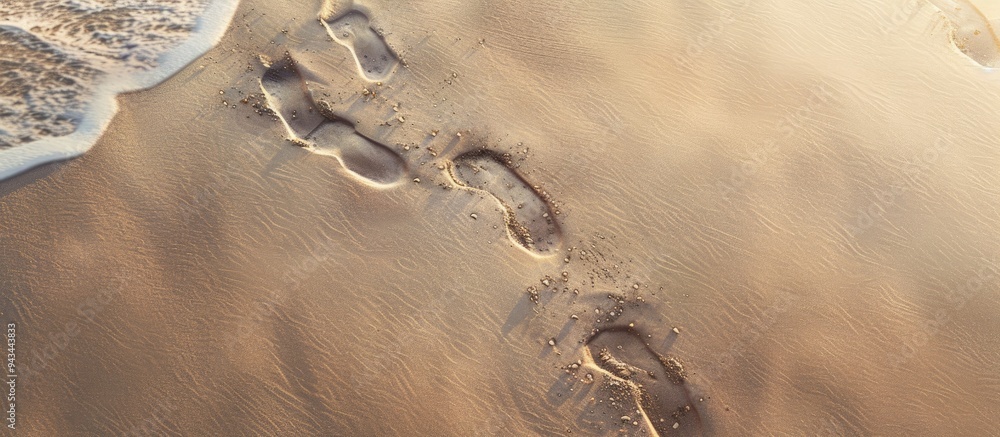 Poster Footsteps patterns on a sandy beach provide a picturesque backdrop with ample copy space image