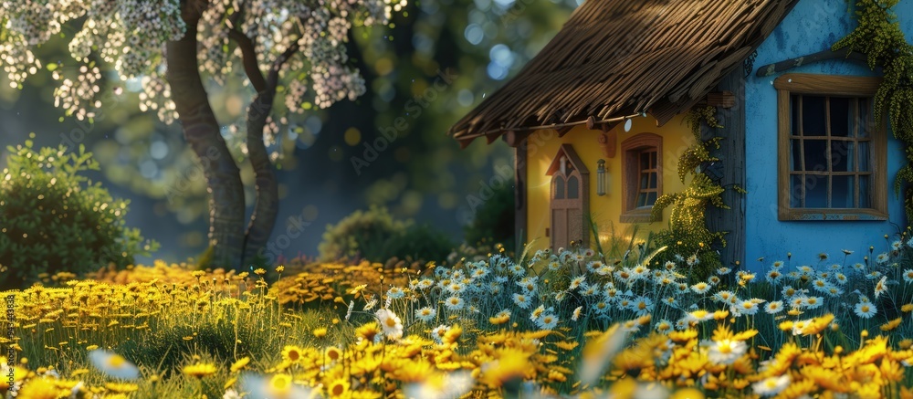 Poster daisies and dandelions blooming next to a quaint cottage with a spot for adding text or designs copy