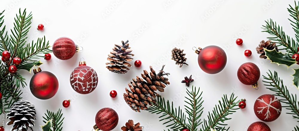Poster Top view of Christmas decorations on white background with space for text ideal for a copy space image