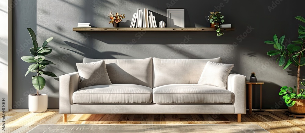 Poster Cozy living room with a comfortable sofa and a stylish shelving unit ideal for displaying decorations with copy space image