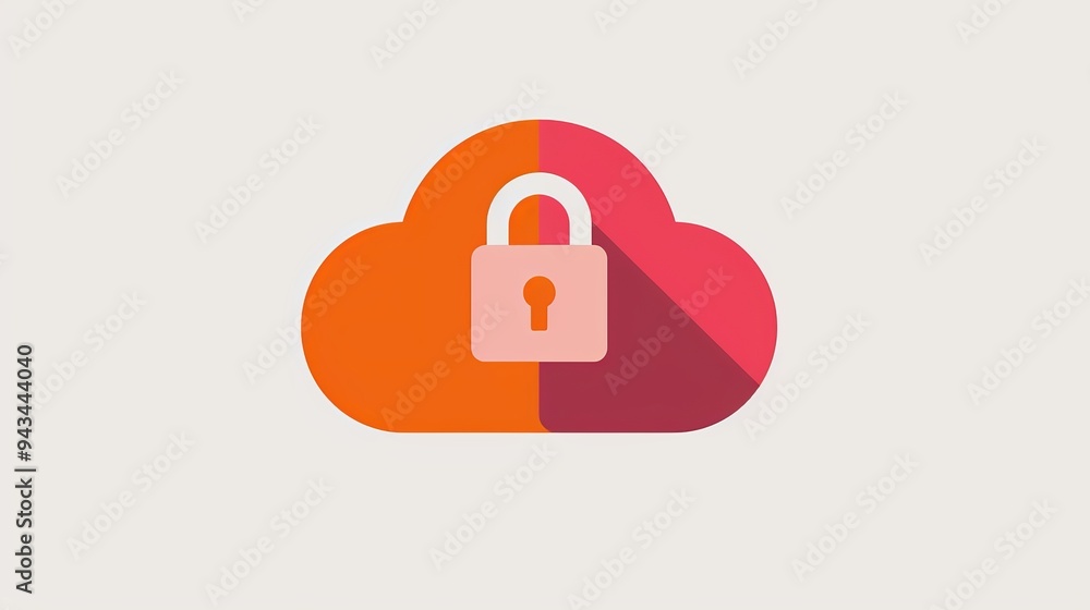Poster cloud security icon, secure data storage symbol with lock and long shadow on white background