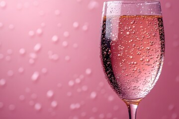 Elegant Minimalist Gray Glass of Sparkling Water with Drops on Pastel Pink Background for Copy Spa