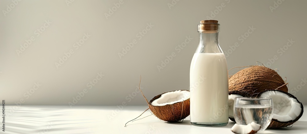 Aufkleber a bottle and a glass with coconut milk placed on a white background with space for text or images. c