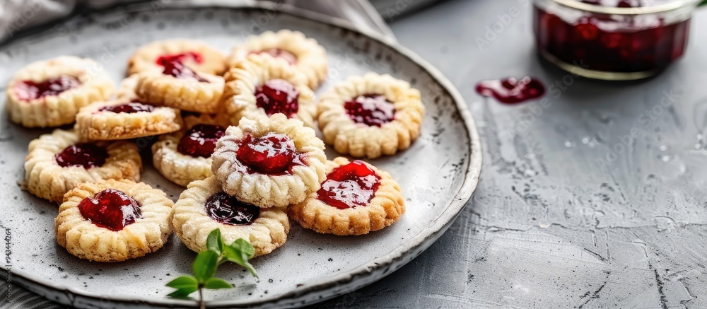 Poster Plate with Kurabye shortbread cookies filled with berry jam on a gray concrete backdrop with ample copy space image Delightful dessert presentation