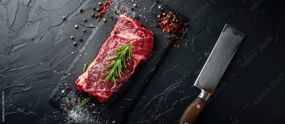 Poster top view of a raw skirt beef steak on a meat cleaver with a black background providing ample copy sp