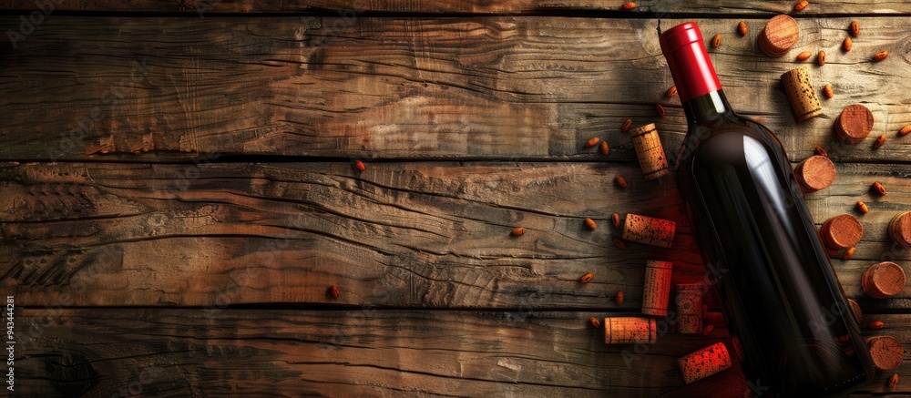 Poster red wine bottle with corks on a wooden surface with copy space image