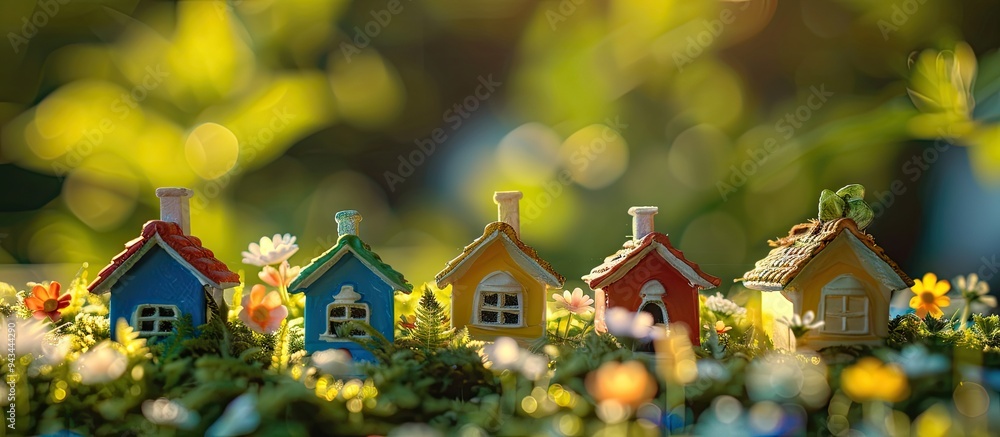 Poster summer toy houses with a scenic background create a captivating copy space image