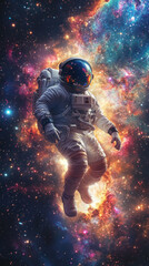 Astronaut amidst vibrant nebula in infinite space