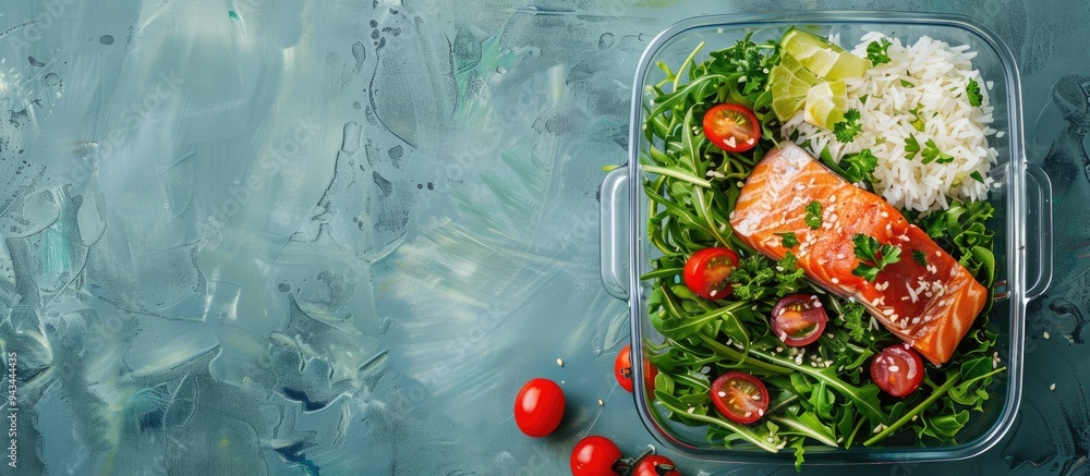 Aufkleber glass container holding a nutritious meal of fresh salad salmon and rice with a green backdrop in a 