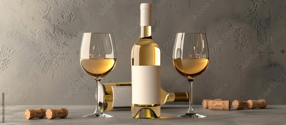 Poster white wine bottle glasses corkscrew and corks arranged on a gray backdrop providing ample copy space