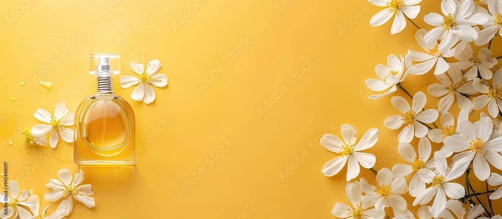 Poster Top view of a perfume bottle and white flowers on a yellow background with copy space image for perfumery cosmetics and fragrance collections