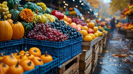 Halloween market scene featuring colorful pumpkins and gourds, perfect for festive projects with copy space.