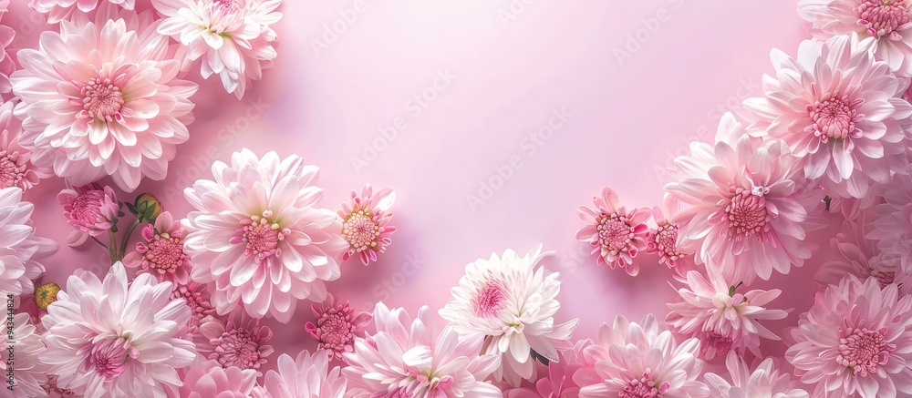 Poster beautiful chrysanthemum flowers create a frame on a pink background with copy space image