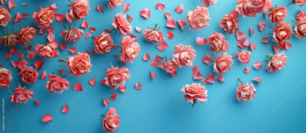 Poster image showcasing pink roses scattered on a blue backdrop creating a design with available space for 