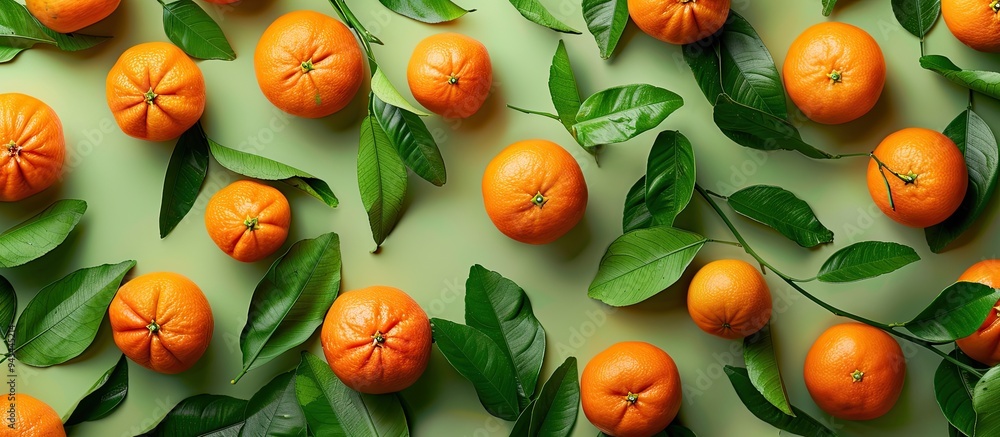 Poster top down view of numerous ripe mandarins with vibrant green leaves on a colorful backdrop ideal for 