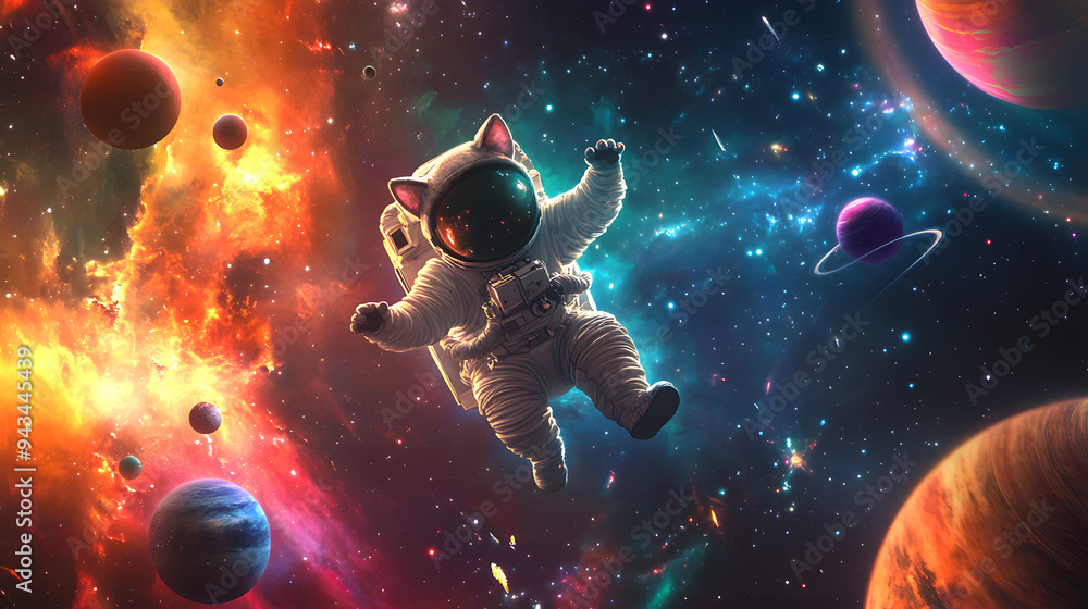 Wall mural Cat Astronaut flying outer space among colorful planets and stars cartoon illustration