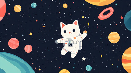 Cat Astronaut flying outer space among colorful planets and stars cartoon illustration