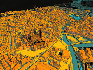 Obraz premium Technical aerial visual, 3D LiDAR GIS aerial map satellite scan model isolated, showing Burgos, Spain. Elevation, topography, render