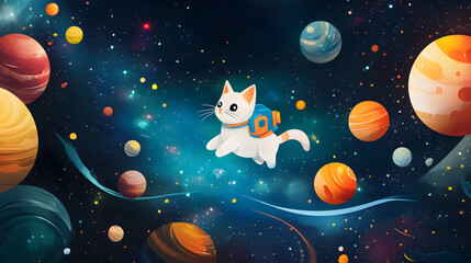 Cat Astronaut flying outer space among colorful planets and stars cartoon illustration