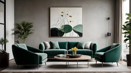 modern living room with emerald furniture and eye-catching painting on a concrete wall