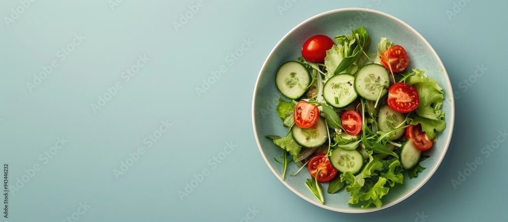 Poster fresh vegetable salad in a bowl with tomato and cucumber on a light blue backdrop perfect for a copy