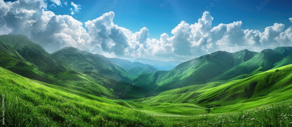Poster scenic green meadow on a hill with green mountains and a blue sky with clouds creating a picturesque
