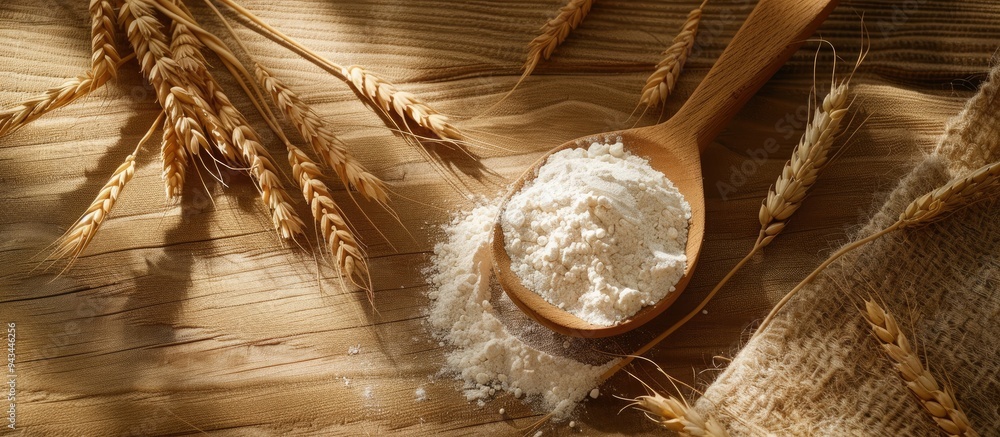 Poster a wooden spoon filled with flour on a burlap sack surrounded by wheat ears on a wooden table casting