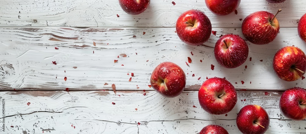 Fototapete red apples arranged on a white wooden surface in a flat lay style offering ample copy space for inse