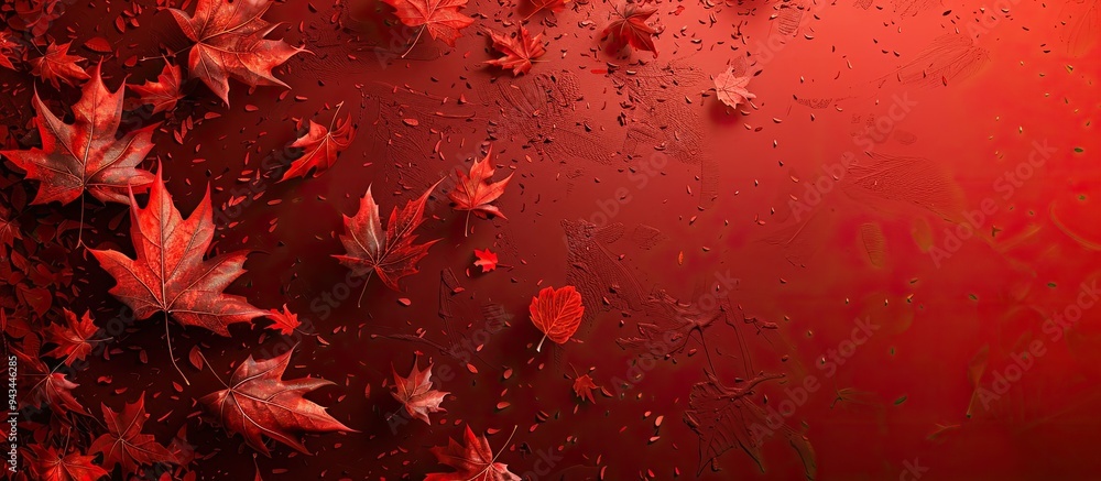 Poster maple leaves adorned on a red background with copy space image