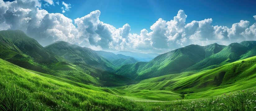 Scenic green meadow on a hill with green mountains and a blue sky with clouds creating a picturesque landscape perfect for a copy space image