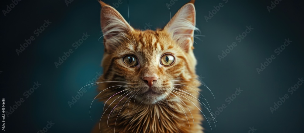 Poster a ginger cat with vibrant orange fur sits against a dark background making eye contact with the came