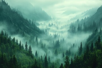 Misty Mountain Landscape: Enchanting Fog-Covered Peaks and Tranquil Highland Vistas