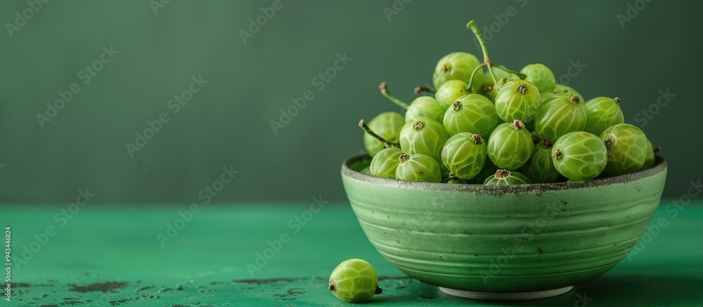 Poster fresh gooseberries displayed in a bowl on a green backdrop with copy space image included