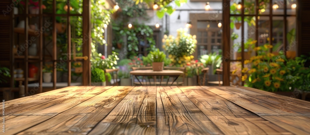 Poster wooden table in the foreground with cafe ambiance in the background and a large window overlooking a